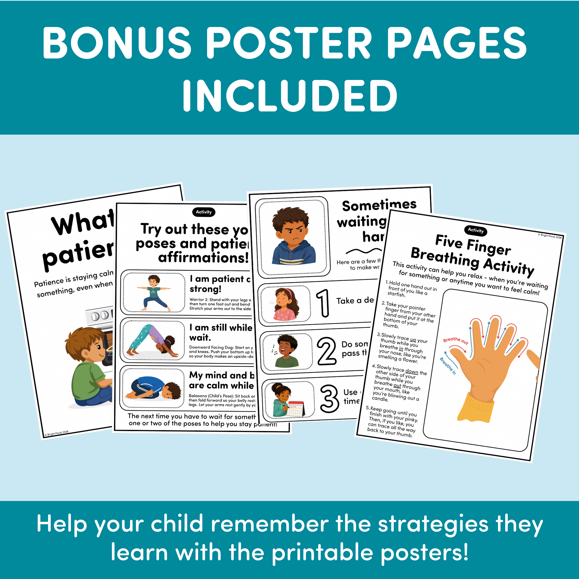 Set of educational posters for children on a blue background with text about bonus poster pages included. For building patience skills in young children