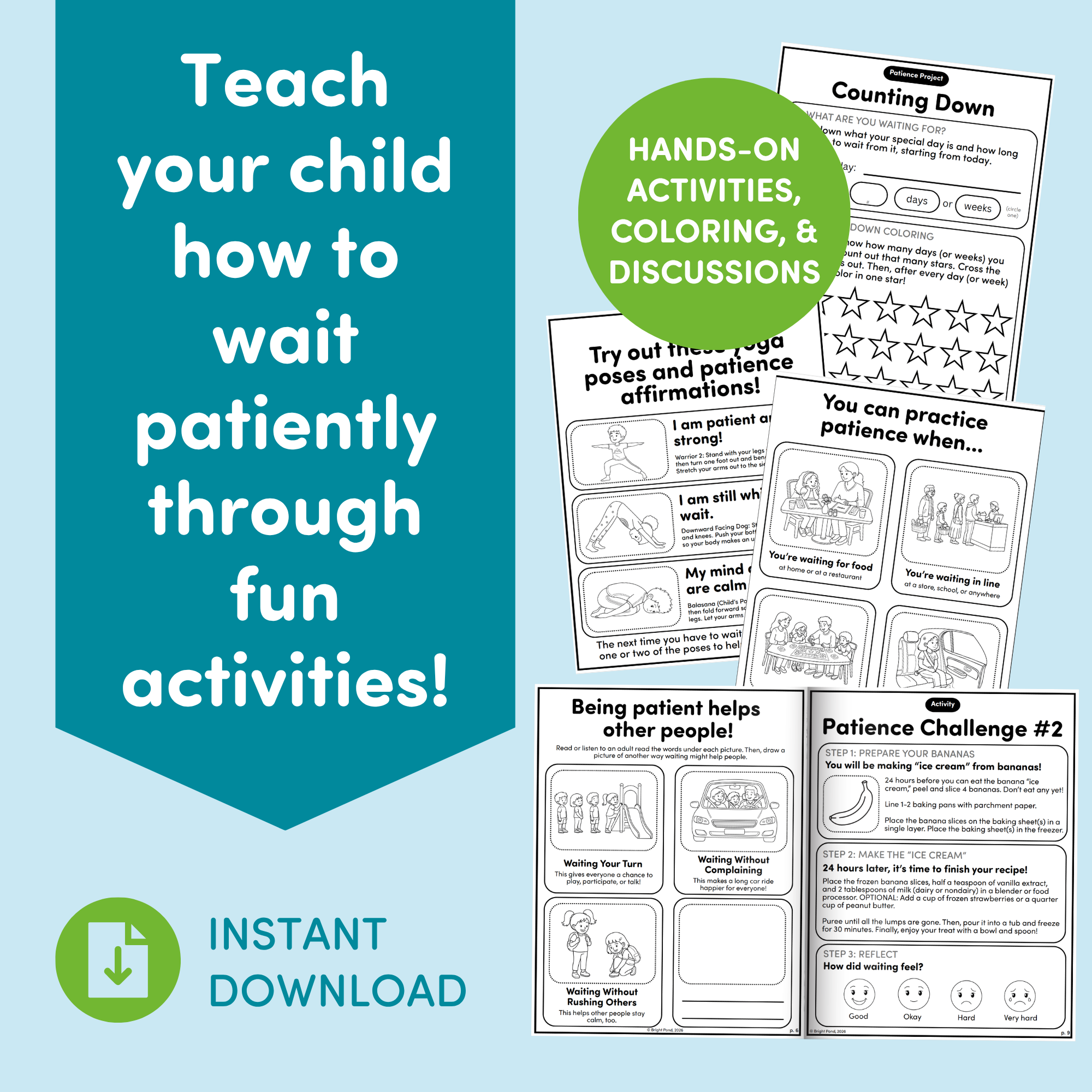 Educational materials for teaching patience to children with activities, coloring, and discussions on a blue background.