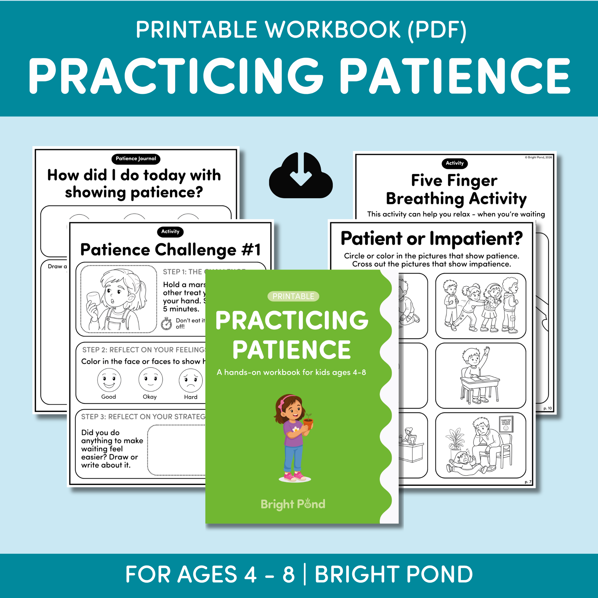 Practicing Patience Workbook pages by Bright Pond, instant download, for kids ages 4 to 8
