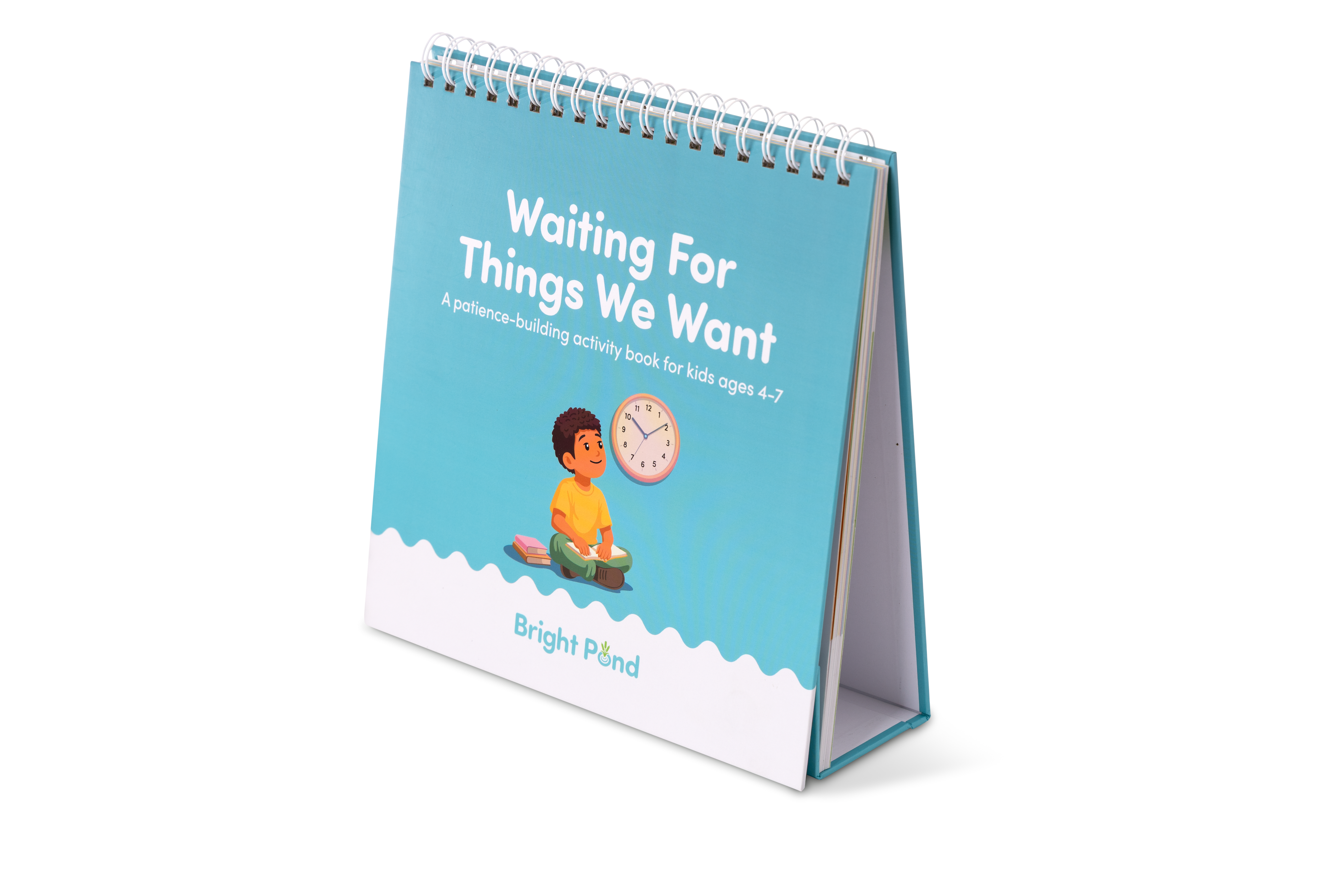 Spiral flip book titled 'Waiting For Things We Want' by Bright Pond on a white background