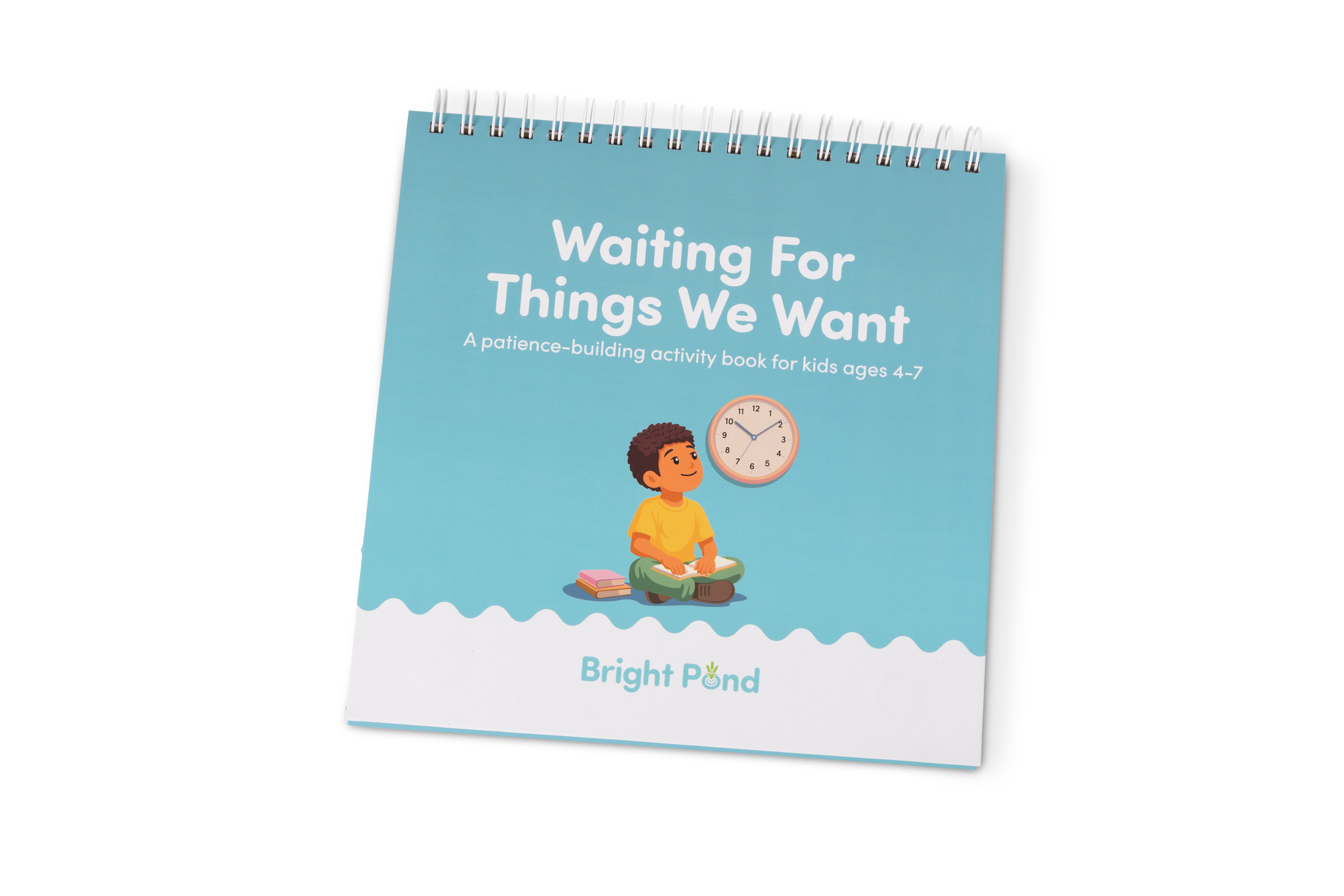 Activity book titled 'Waiting For Things We Want' by Bright Pond on a white background