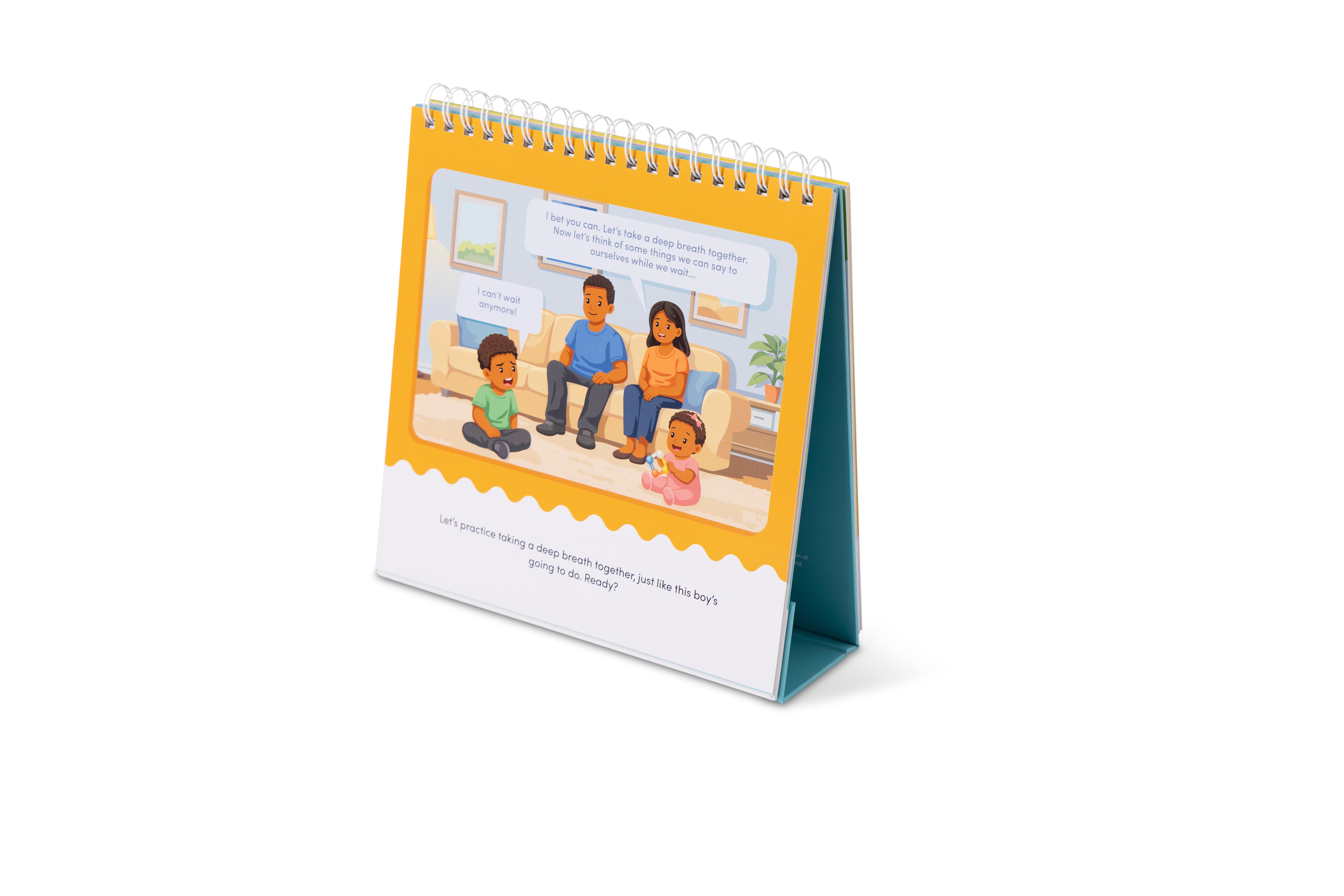 Children's spiral flip book, Waiting for Things We Want, with illustrations of a family on a white background