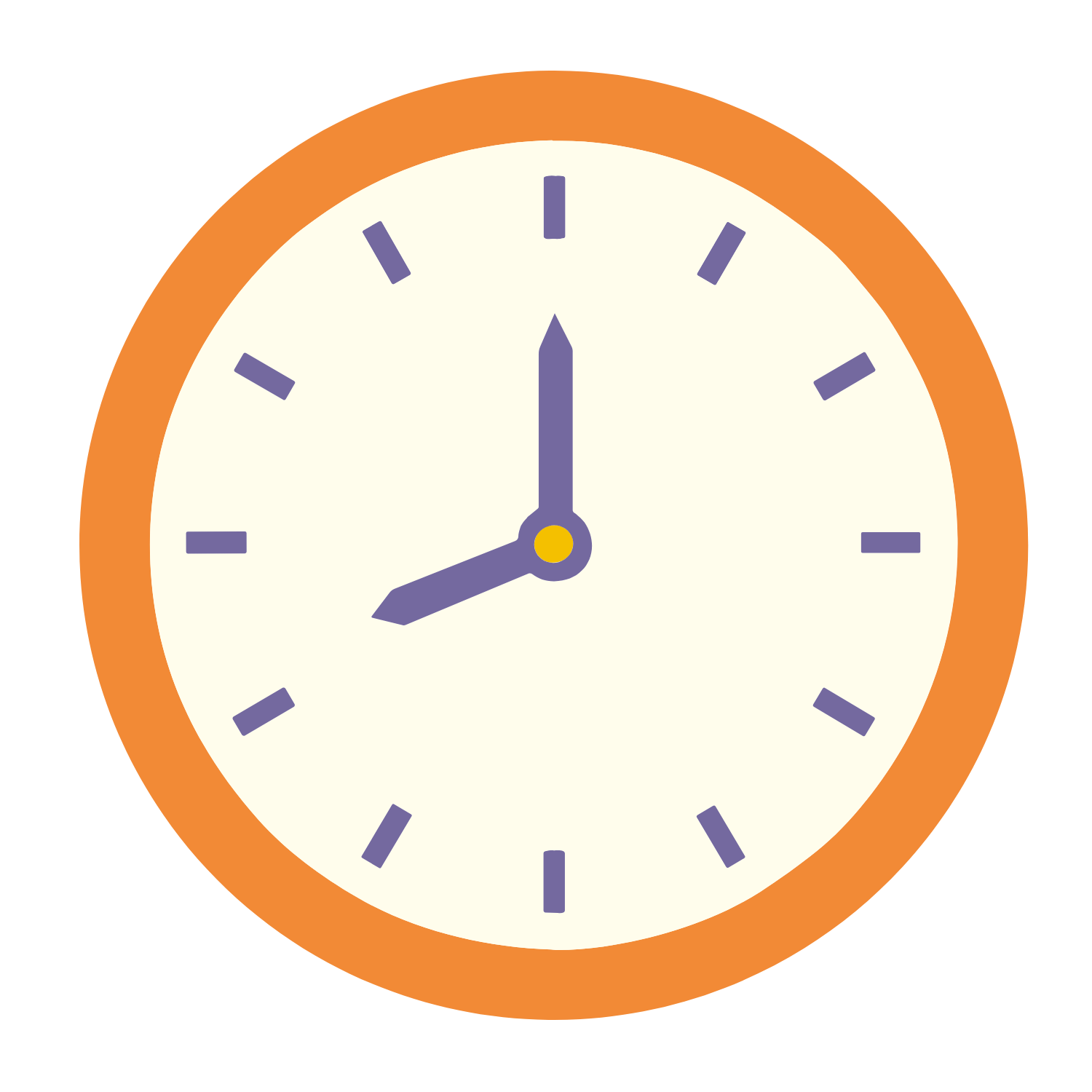 Illustrated icon of a clock with an orange frame and purple hands 
